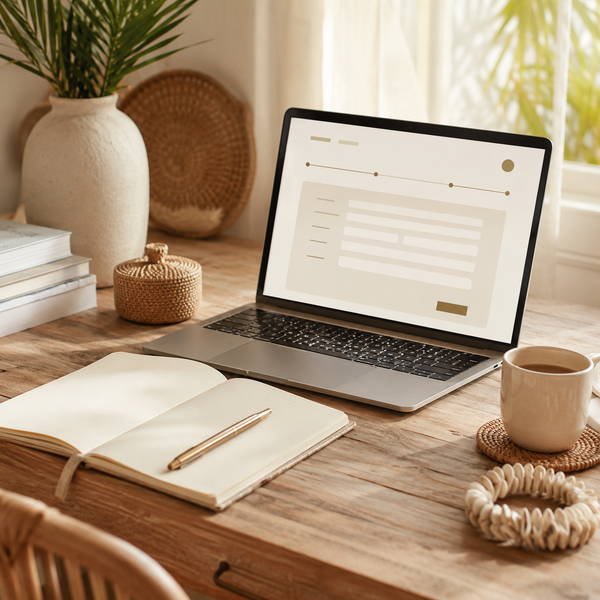 Laptop on a wooden desk with a notebook, pen, and coffee cup.