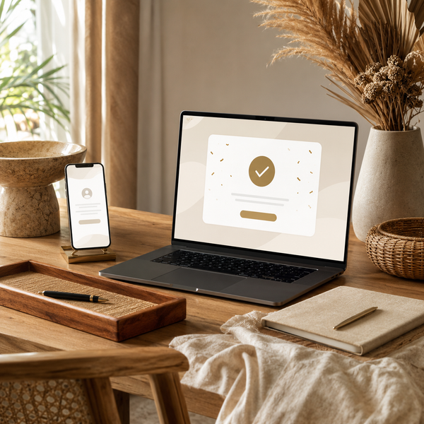 Laptop on a wooden desk with a phone, notebook, and decorative items.
