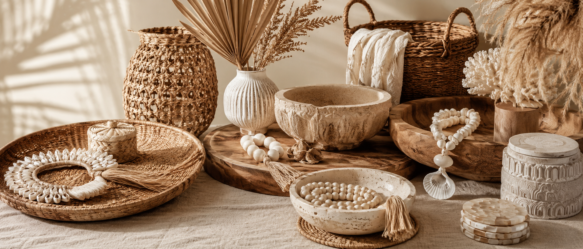 Collection of rustic home decor items including baskets, bowls, and vases on a wooden surface.
