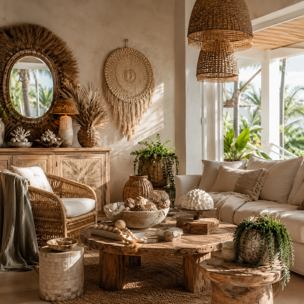 Cozy living room with rustic decor, including a wicker chair, wooden coffee table, and woven wall art.