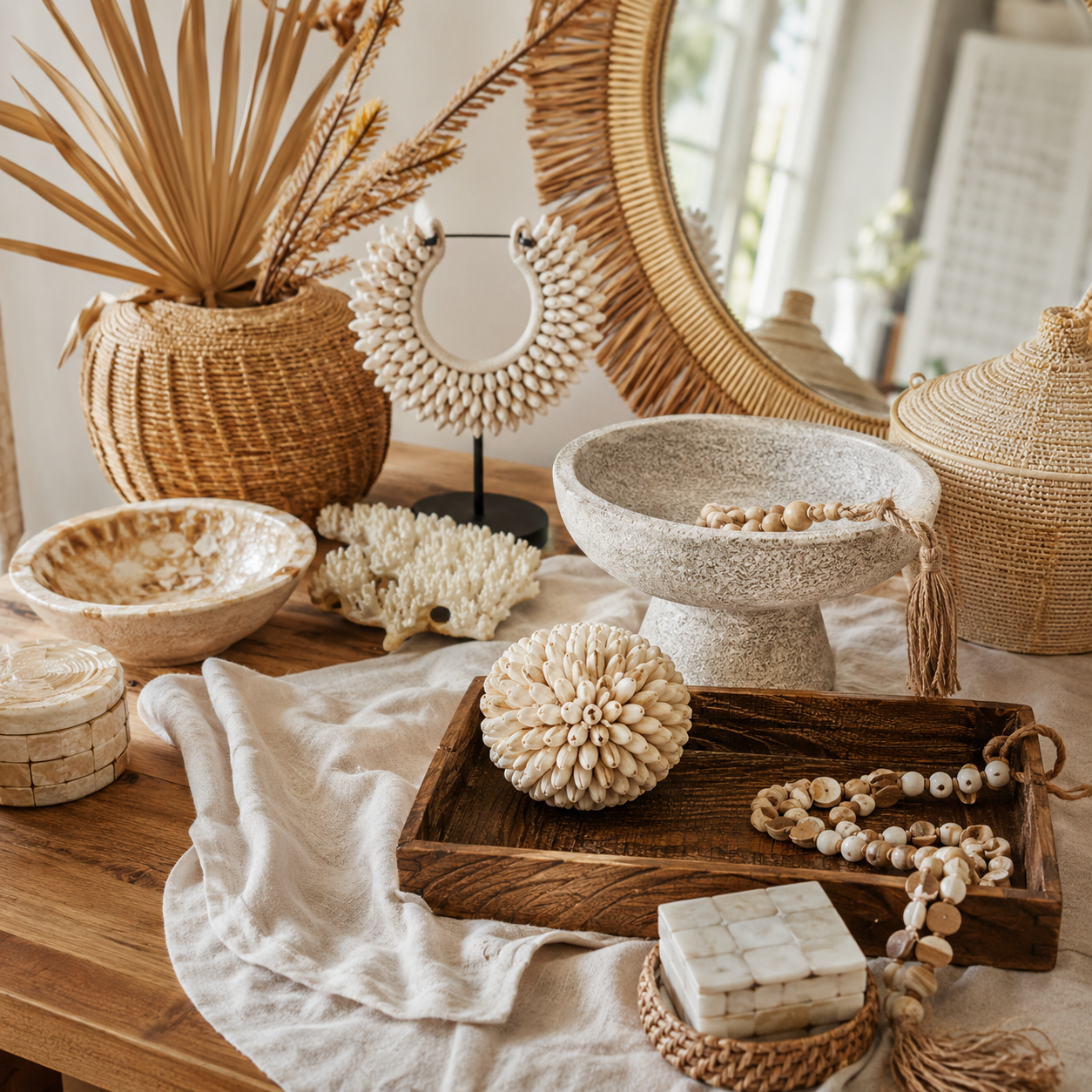 Decorative items including a woven basket, wooden bowls, and a mirror on a table.