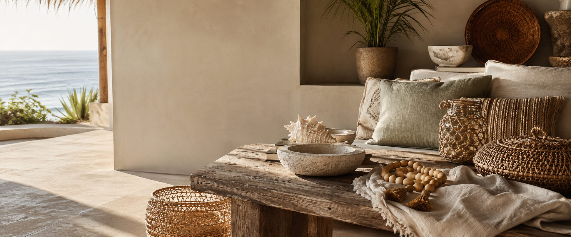 Outdoor setting with a wooden table, decorative items, and a view of the ocean.