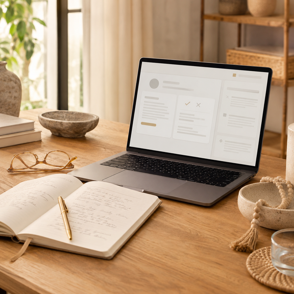 Laptop on a wooden desk with an open notebook and glasses, in a home office setting.