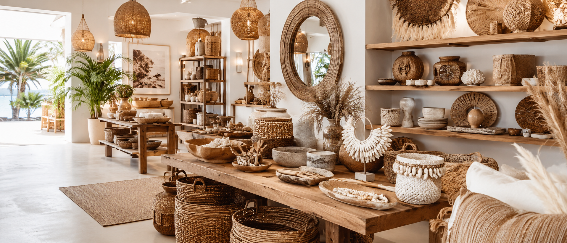 Decorative interior with wicker baskets, mirrors, and home decor items in a bright room.