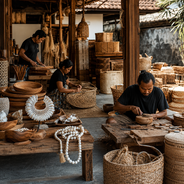Three people working with wooden and woven products in a rustic workshop.