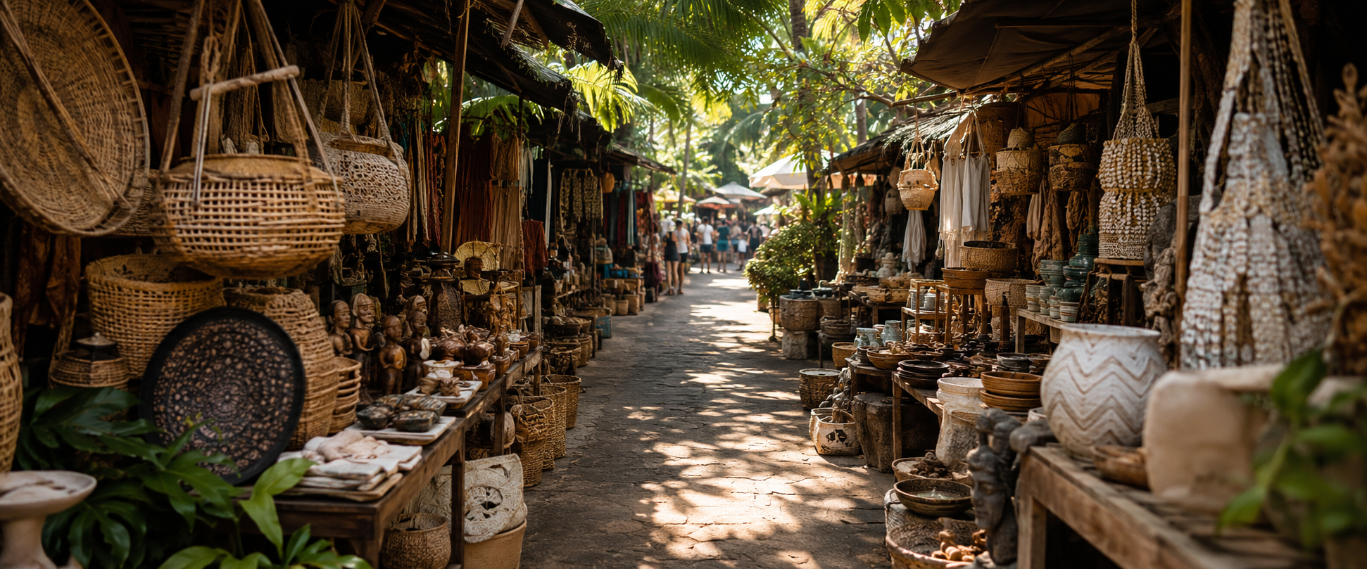 Outdoor market with various handcrafted items including baskets and pottery.