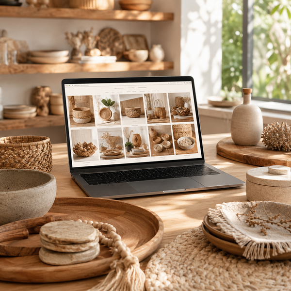 Laptop on a wooden table displaying images of decorative items, with a cozy room setting in the background.