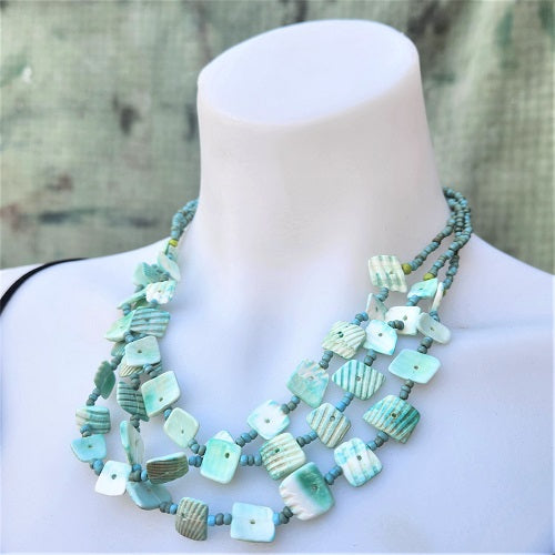 Necklace 3 Strand Bead and Cut Shell