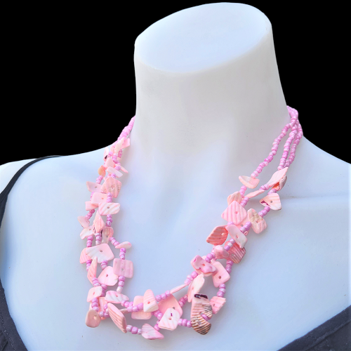 Necklace 3 Strand Bead and Cut Shell