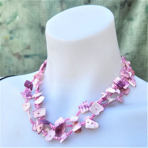 Necklace 3 Strand Bead and Cut Shell